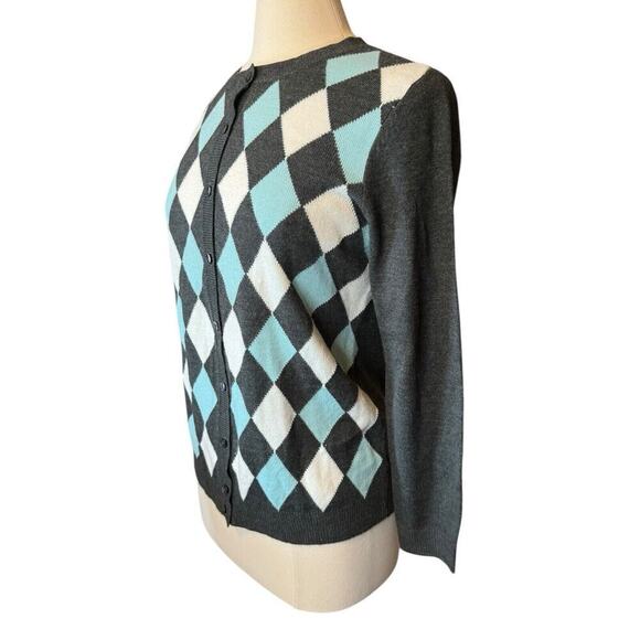 Croft & Barrow Argyle Blue Gray White Cardigan Sweater Women’s Petite Small - Picture 2 of 6